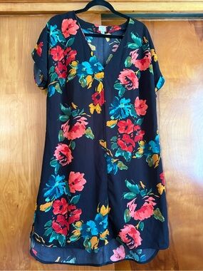 a new day Black Floral V-Neck Midi Dress with Coral and Teal Blooms